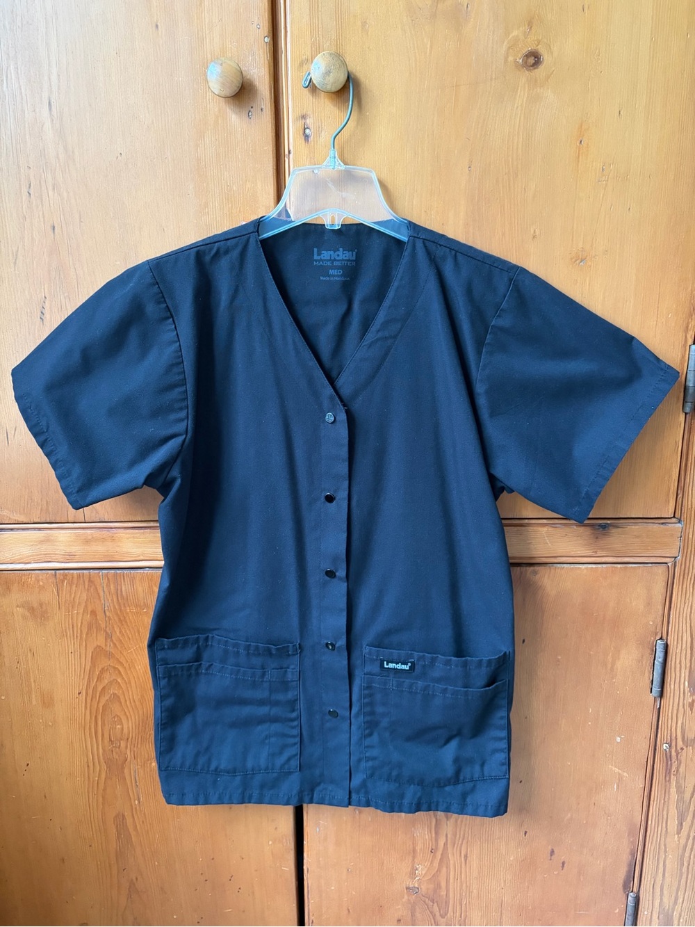 Landau Black Short-Sleeve Snap-Front Utility Scrub Jacket